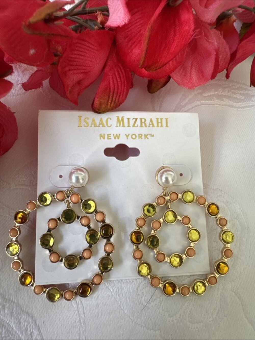 Isaac Mizrahi Pearl Rhinestone Pink Green Gold Circles Hoop Earrings 1.5" NEW